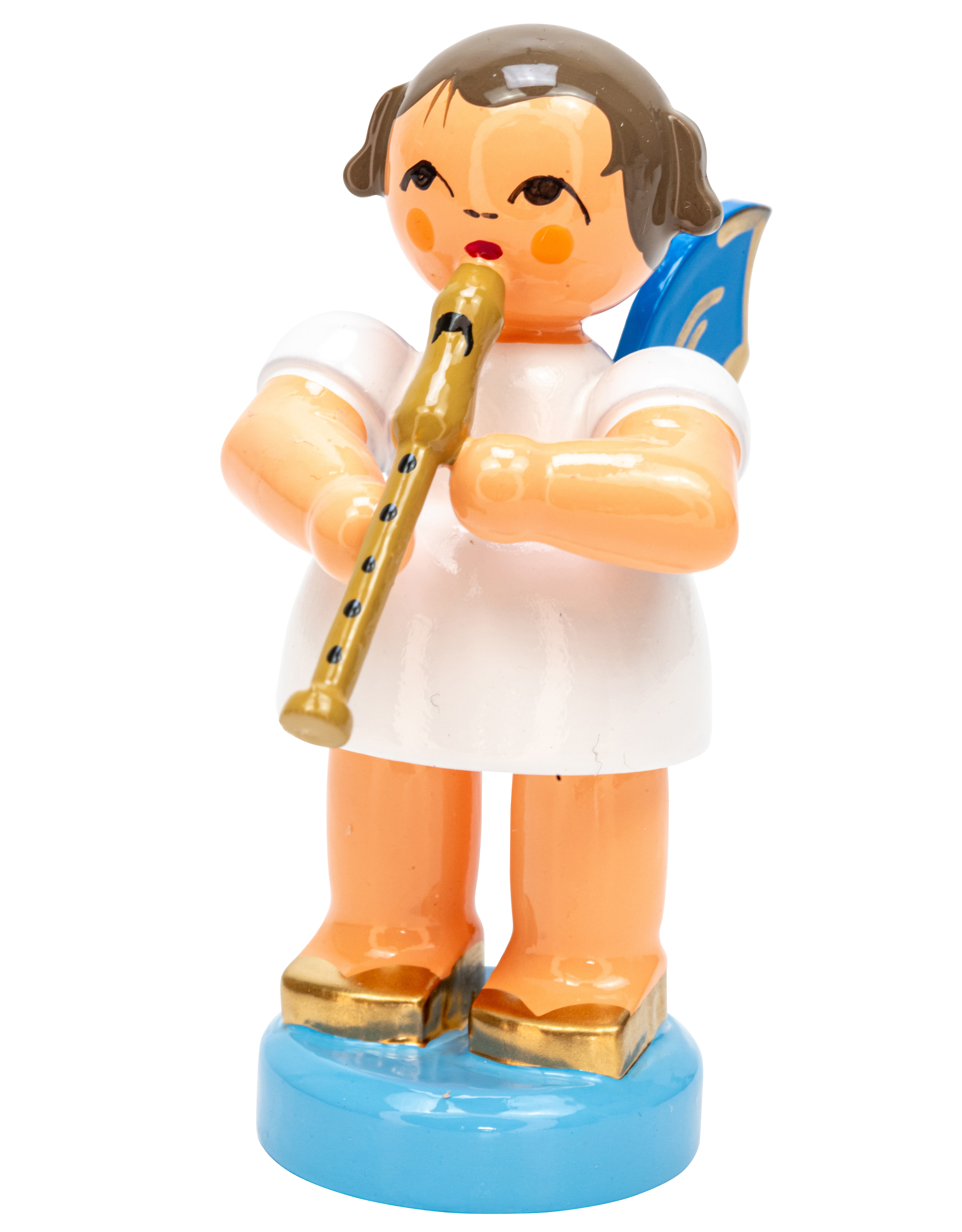 Engel stehend mit Blockflöte, blaue Flügel