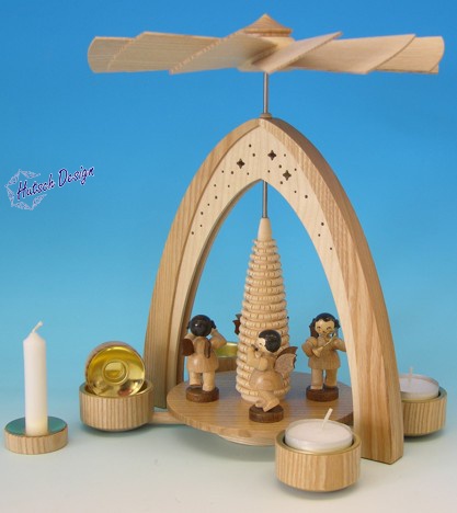 Teelichtpyramide natur mit 4 Engel Bläser, natur inkl. Pyramidenkerzenadapter