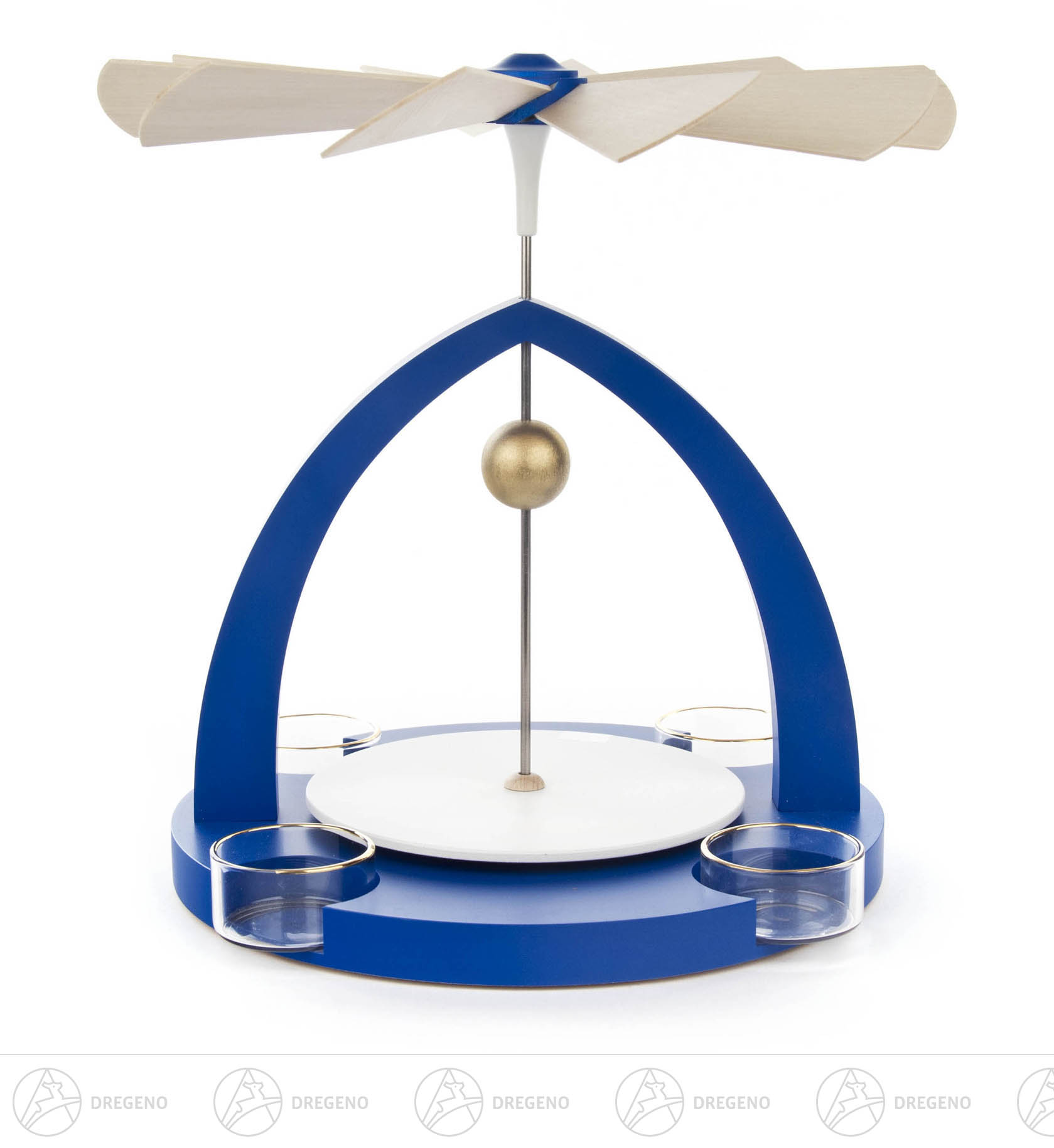 Pyramide blau, unbestückt für Teelichte Laufscheibe weiß,Flügelrad natur