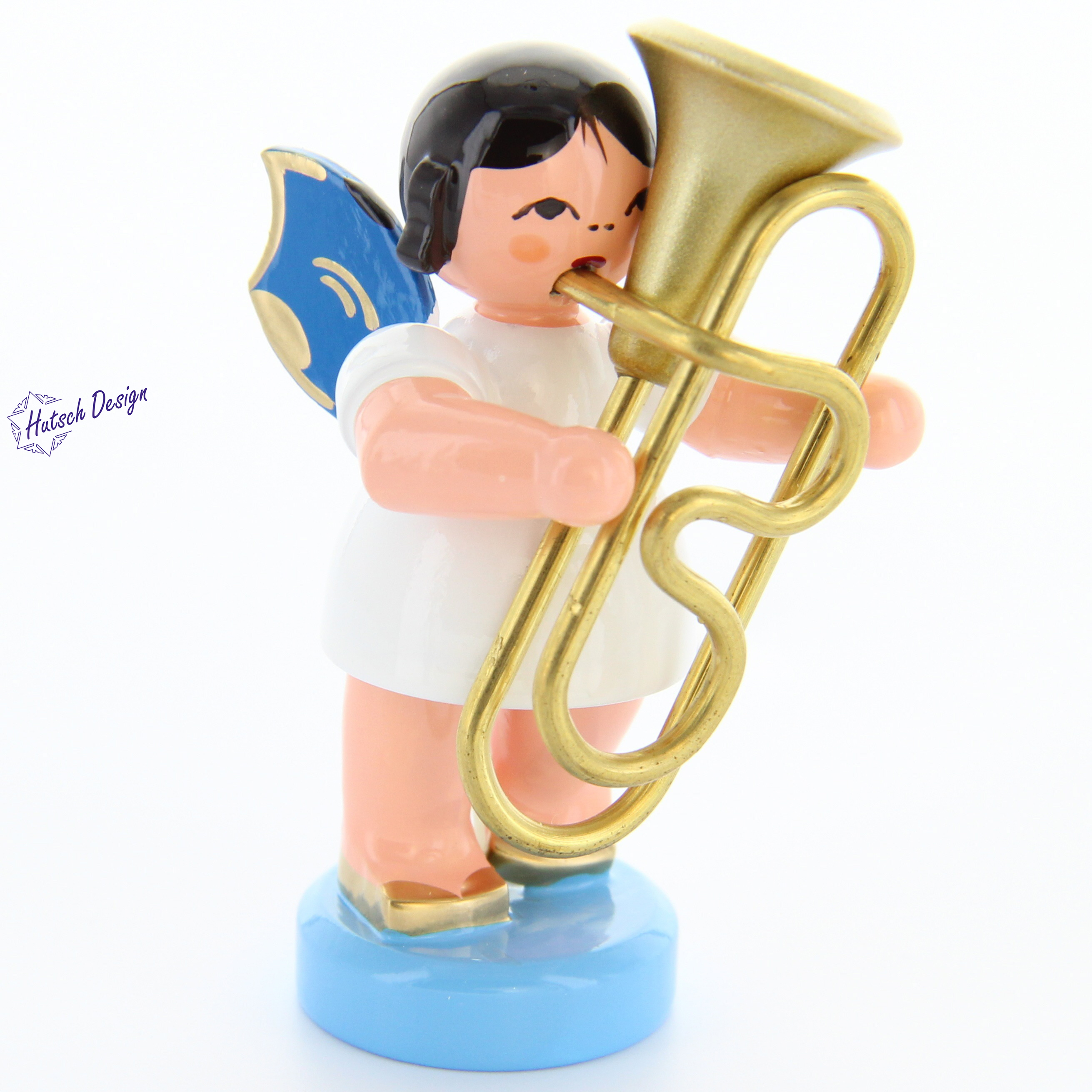 Engel stehend mit Tuba, blaue Flügel