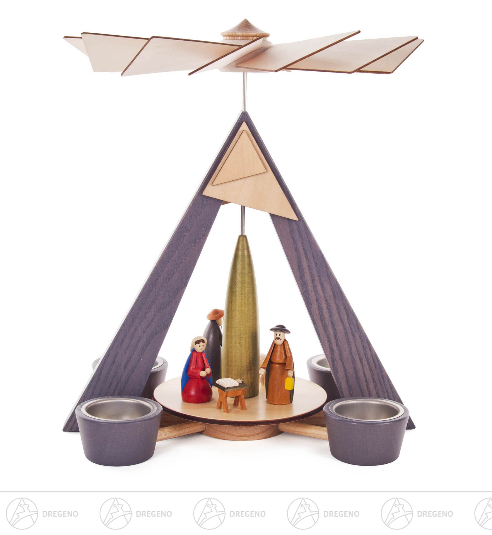 Pyramide mit Christi Geburt, grau mit farbig lasierten Figuren, für Teelichte Pyramide mit Christi Geburt, grau mit farbig lasierten Figuren, für Teelichte