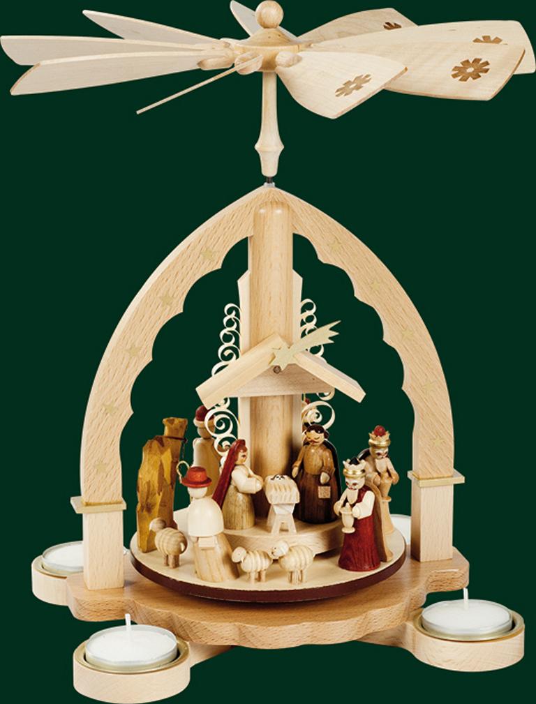 Pyramide Weihnachtsbescherung, natur, für Teelichte  27 cm