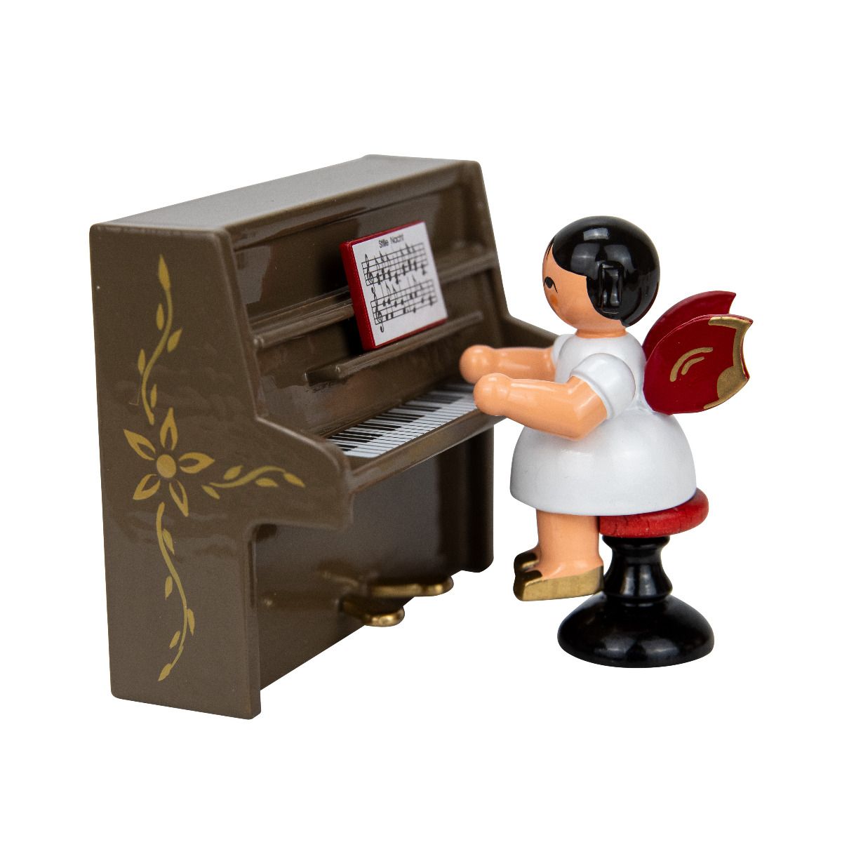 Engel auf Hocker am braunen Klavier, rote Flügel