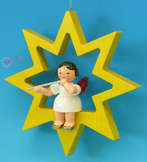 Engel sitzend groß mit Querflöte, Flügel rot, Stern gelb