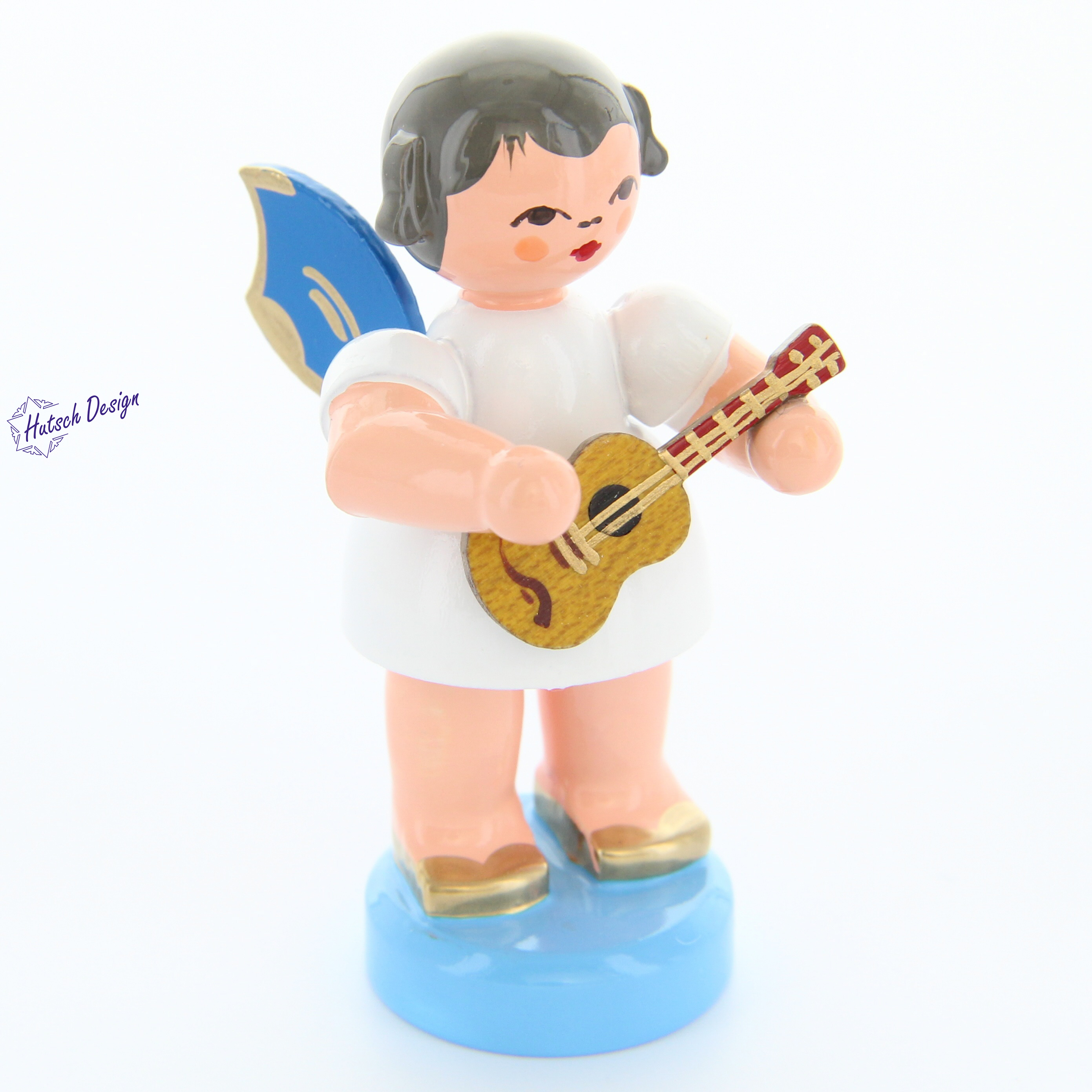 Engel stehend mit Ukulele, blaue Flügel
