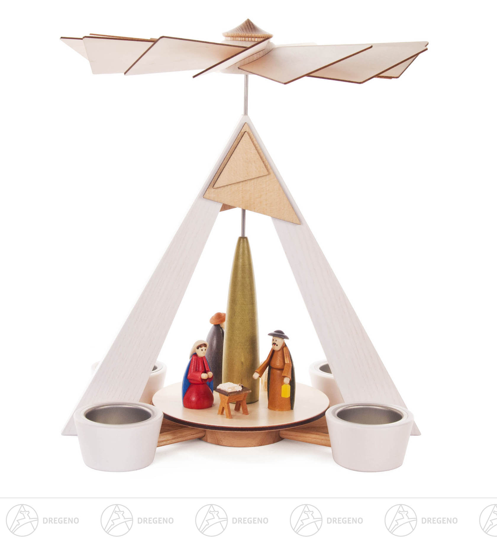 Pyramide mit Christi Geburt, weiß mit farbig lasierten Figuren, für Teelichte Pyramide mit Christi Geburt, weiß mit farbig lasierten Figuren, für Teelichte