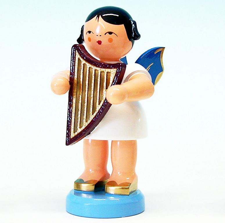 Engel stehend groß mit Handharfe, blaue Flügel