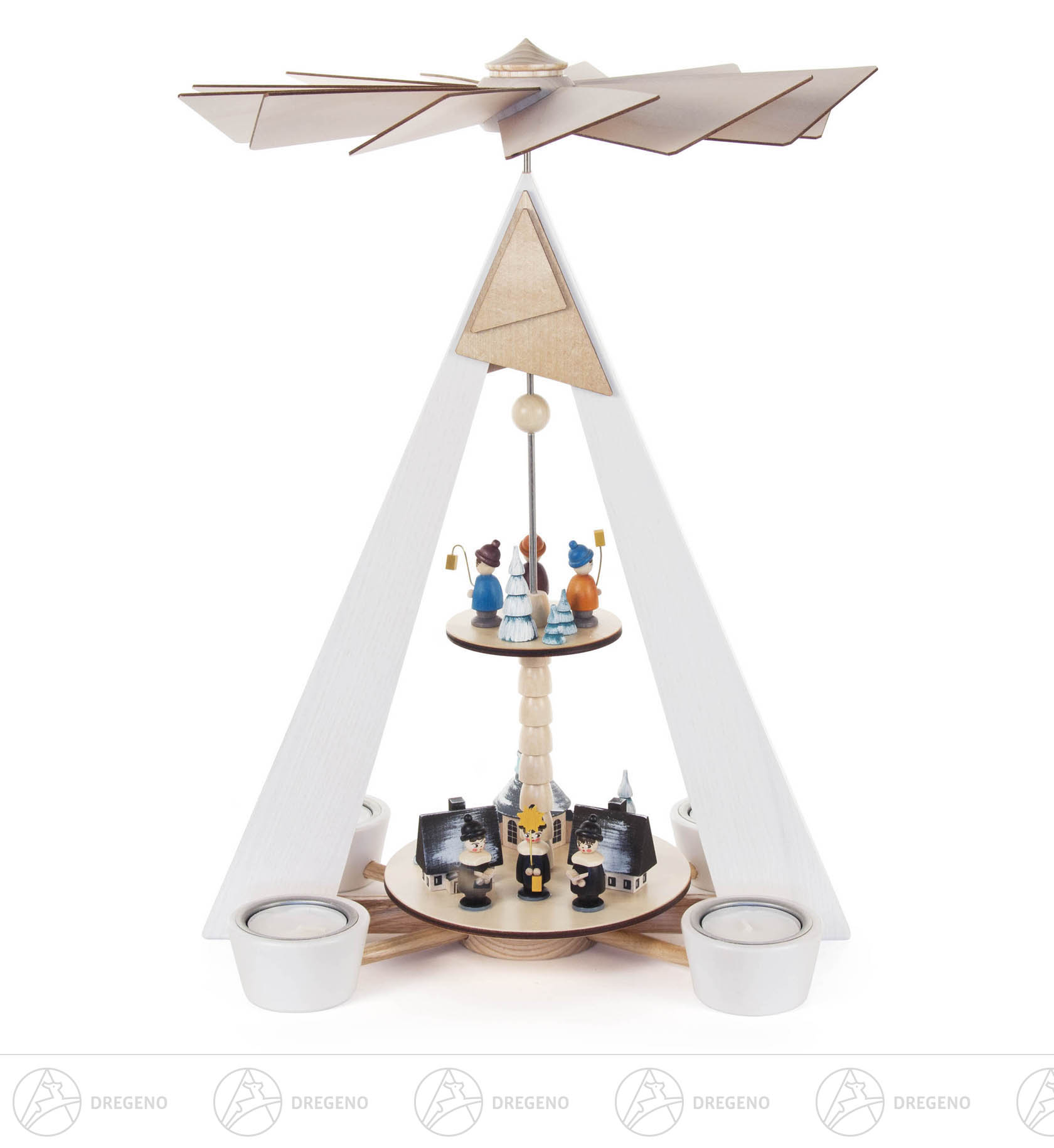 Pyramide mit Dorf Seiffen, Kurrende- und Laternenkindern weiß, 2-stöckig, für Teelichte