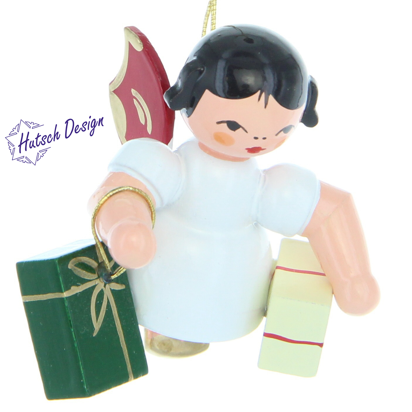 Engel schwebend mit 2 Geschenken, rote Flügel