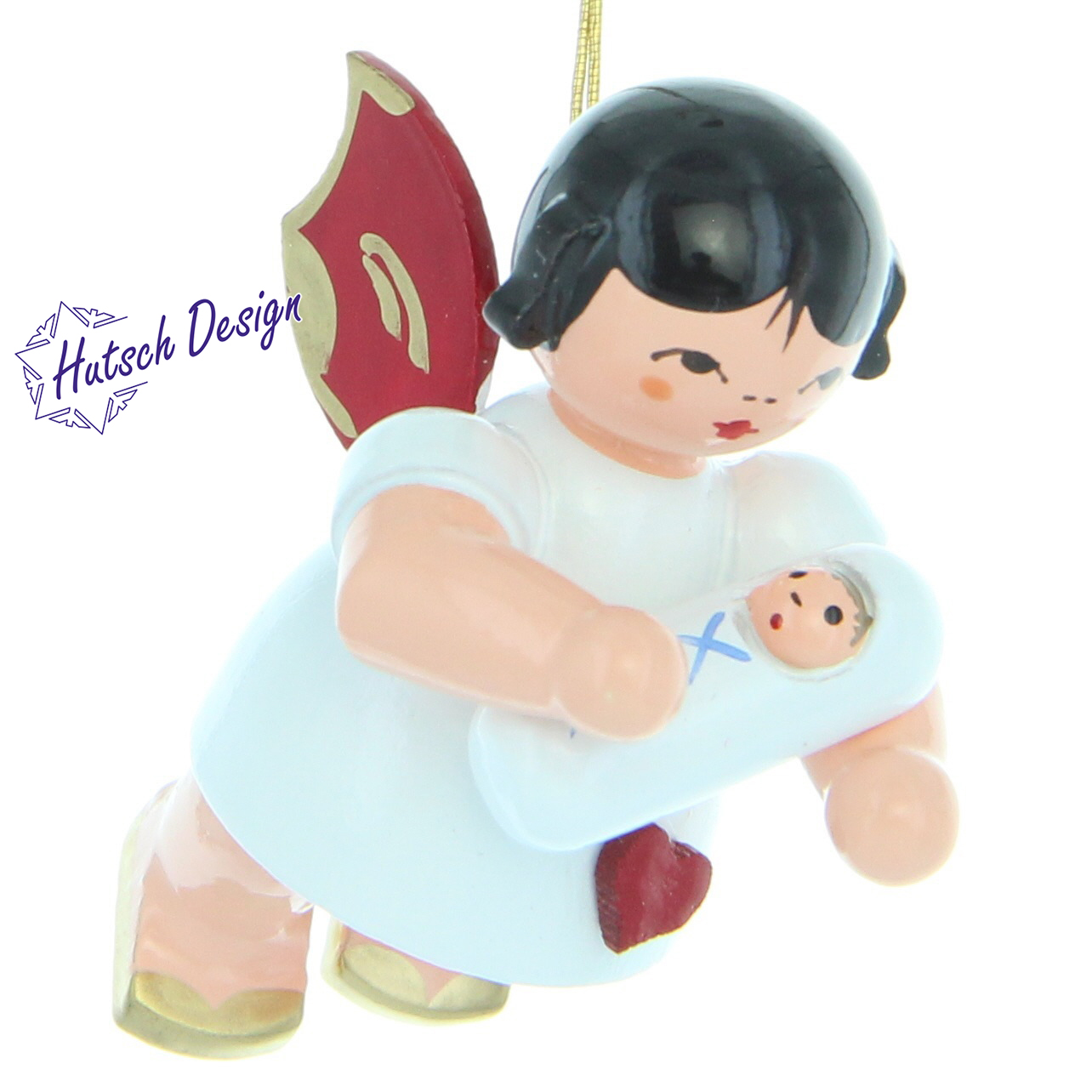 Herzengel schwebend mit Baby Junge, rote Flügel