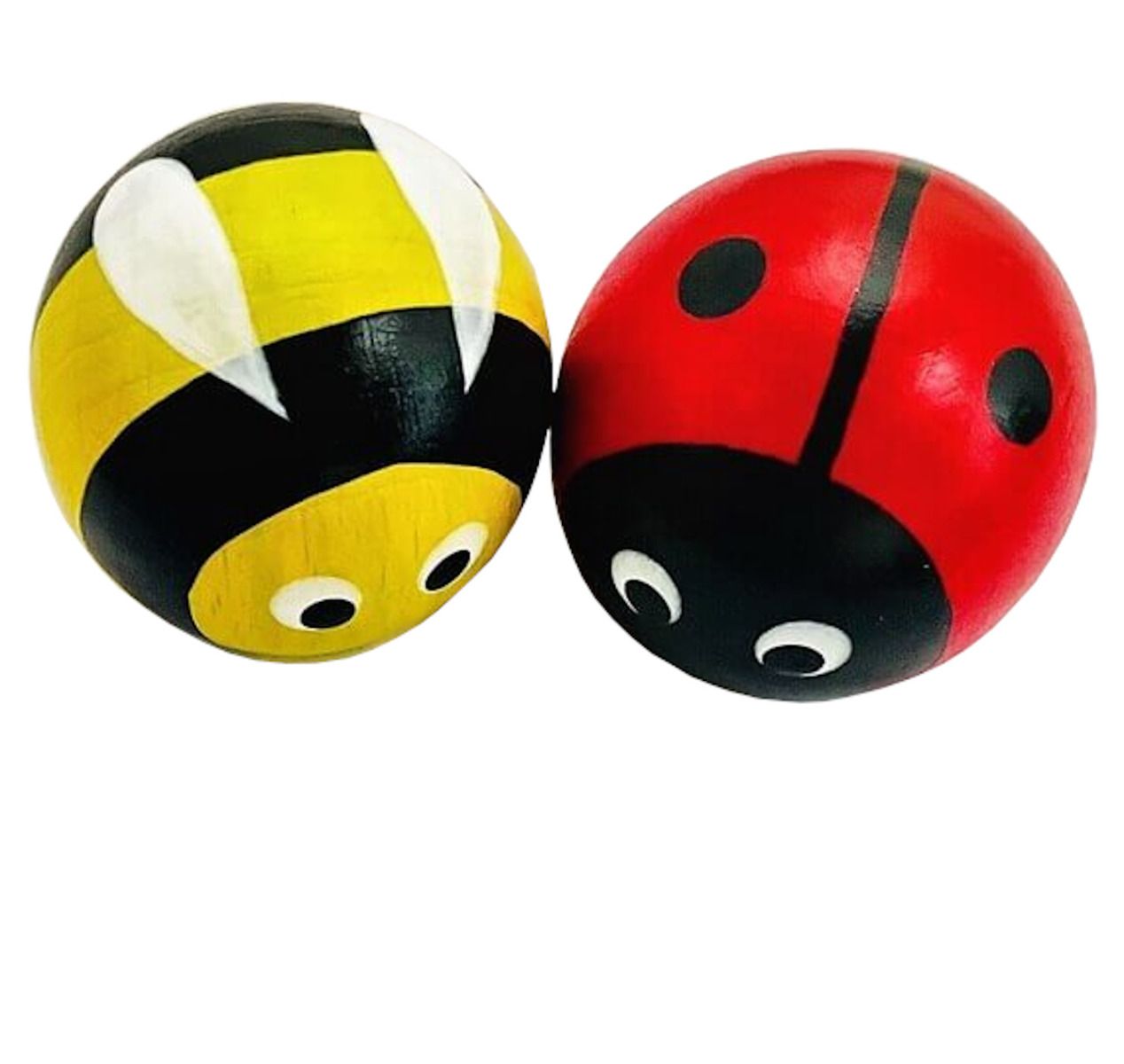 2 Magnetpins Käfer und Biene, aus Kugeln, dm 32 mm, lasiert und handbemalt, Raas Design Wuppertal