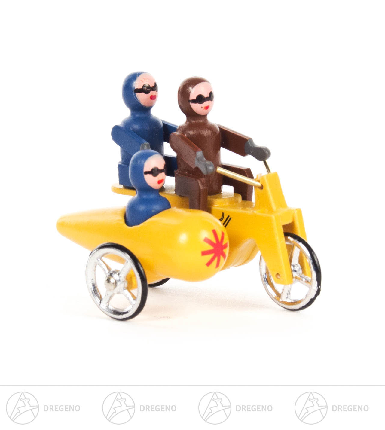 Miniatur Motorrad gelb, Doppelsitzer mit Seitenwagen