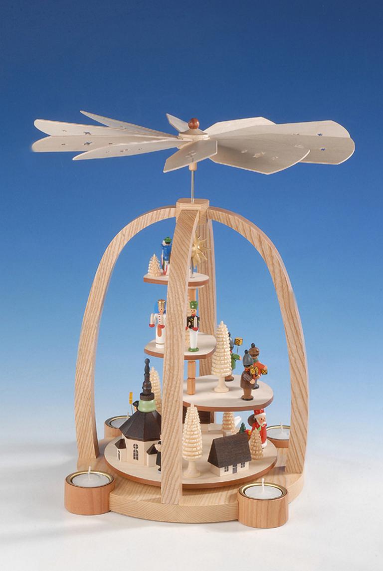 Teelichtpyramide Treppe m. Engel/Bergmann  Seiffener Kirche m. Kurrende u. Laternenk.