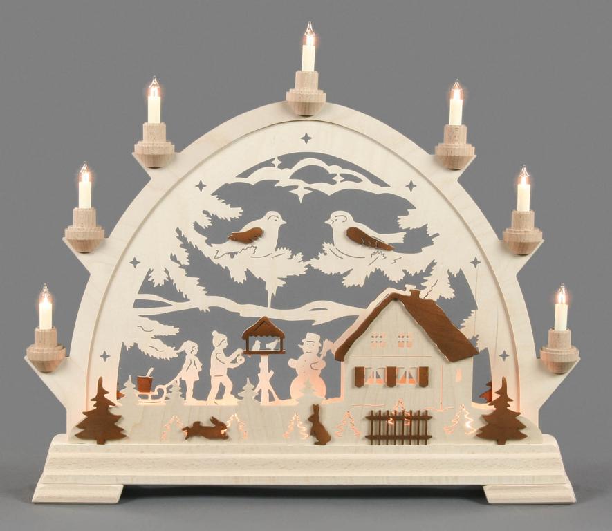 Rundbogen mit Kindern am Vogelhaus, elektrisch beleuchtet 48x42cm