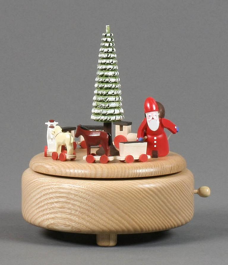 Spieldose mit Weihnachtsmann, Eisenbahn und Tieren, Figuren farbig Melodie: O Tannenbaum