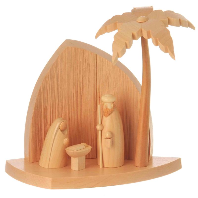 Felsenkrippe natur mit Heiliger Familie & Palme 14cm