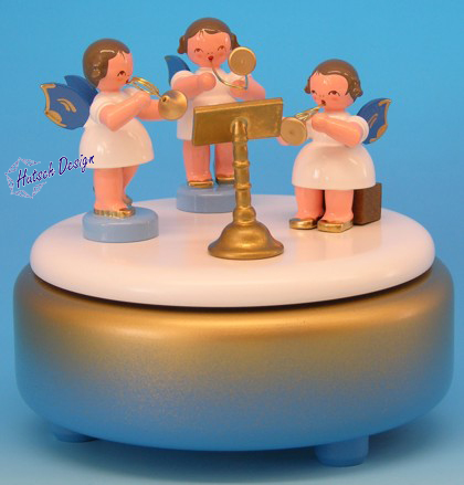 Spieldose blau/weiß/gold, 3 Engel, Fl. blau