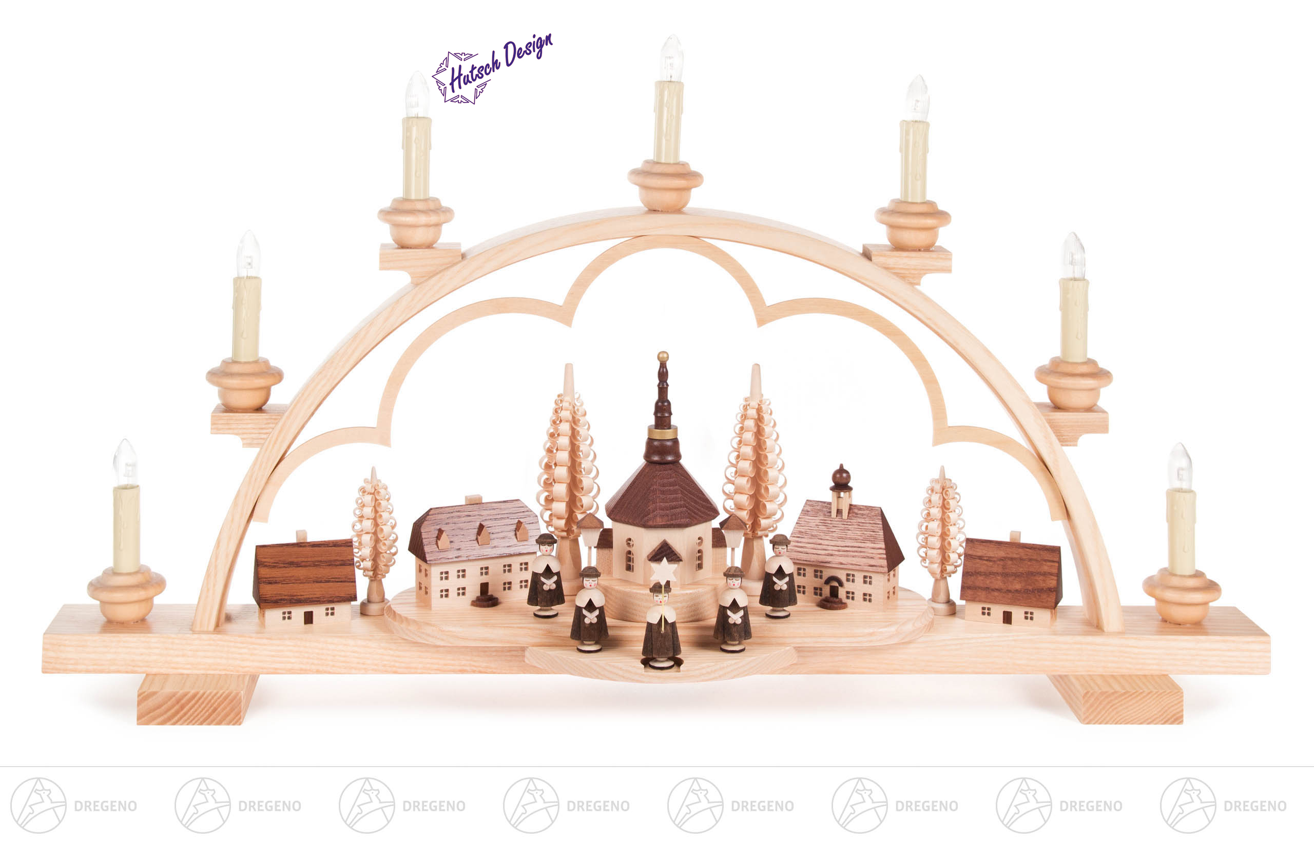 Schwibbogen mit Seiffener Dorf und Kurrende, elektrisch beleuchtet, innenbeleuchtete Gebäude 36 x64