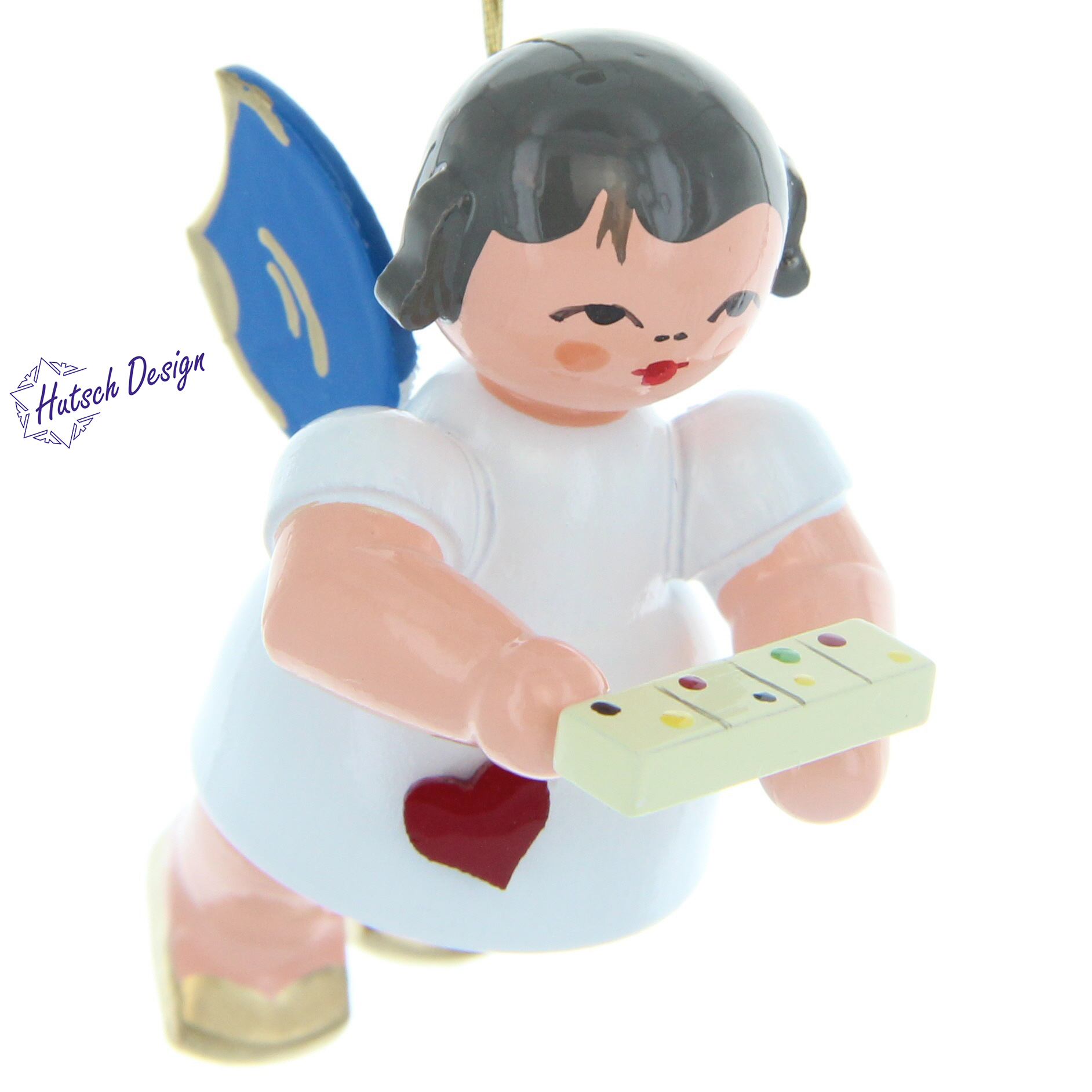 Herzengel schwebend mit Tablettenbox, blaue Flügel