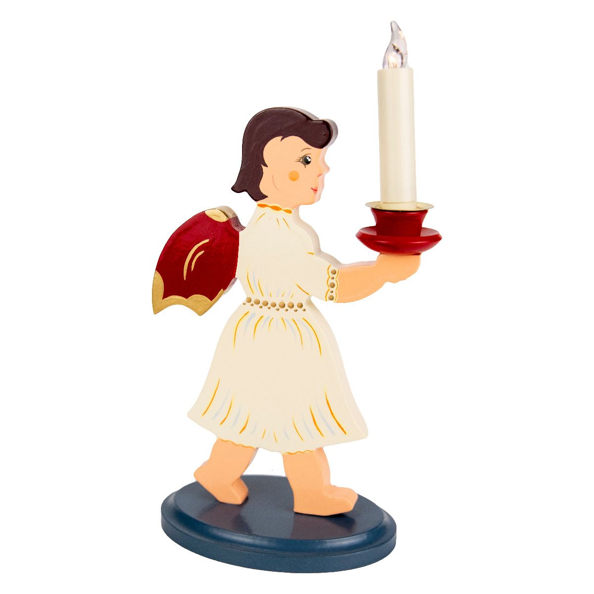 Flachfigur Engel mit Tülle und LED-Kerze, rote Flügel, 200 mm, handbemalt