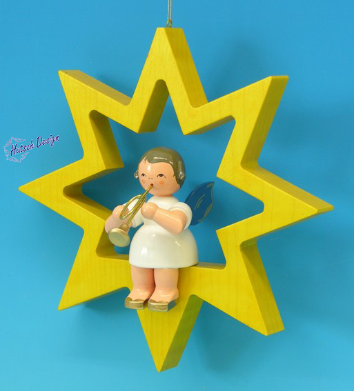 Engel sitzend groß mit Trompete, Flügel blau, Stern gelb