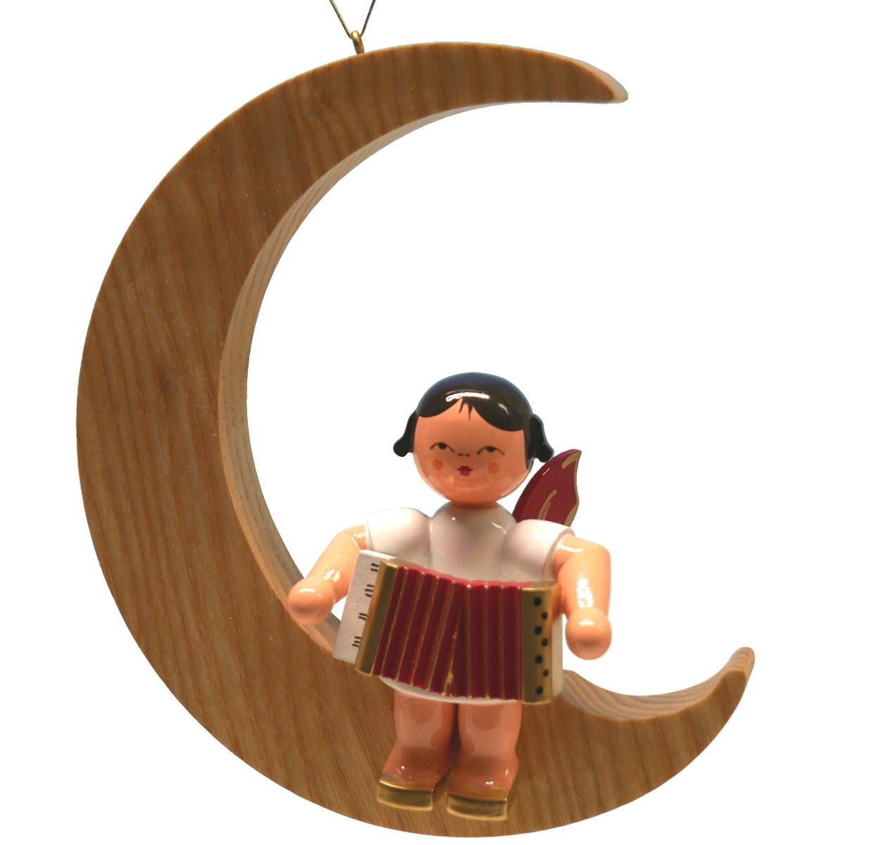 Engel sitzend groß mit Akkordeon, Flügel rot, Mond natur