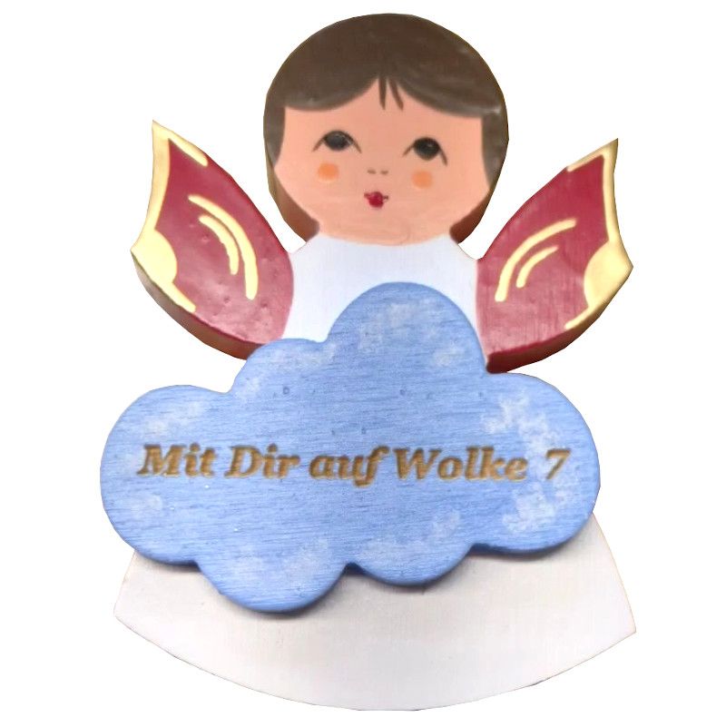 Magnetpin Engel mit Wolke, Flügel rot, lasiert und handbemalt, Text: Mit Dir auf Wolke 7