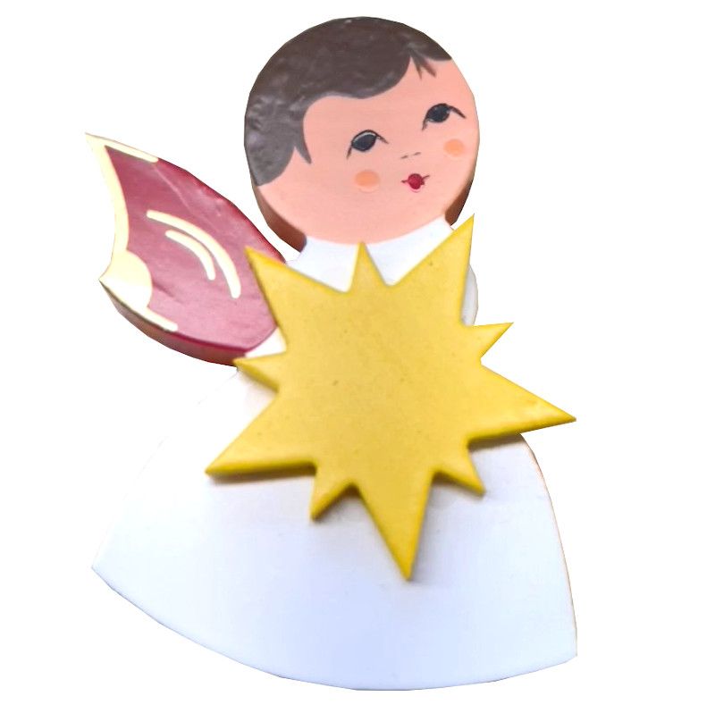 Magnetpin Engel mit Stern, Flügel rot, lasiert und handbemalt