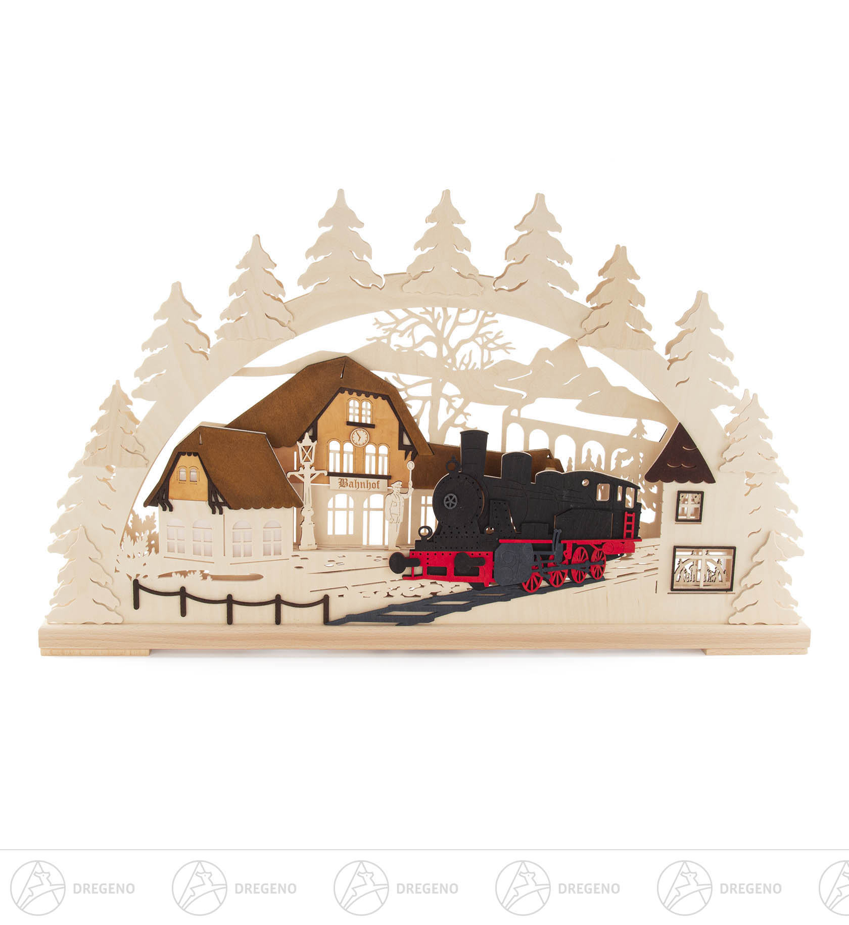 Schwibbogen Bahnhof mit Dampflock 20-teilige LED-Beleuchtung (Voll-USB) 43x72cm