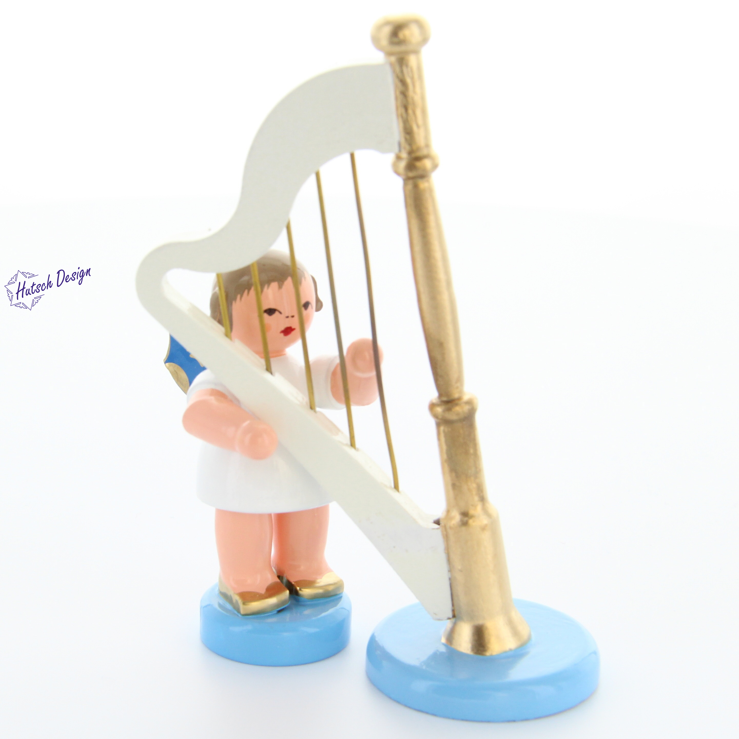 Engel stehend mit Harfe, blaue Flügel