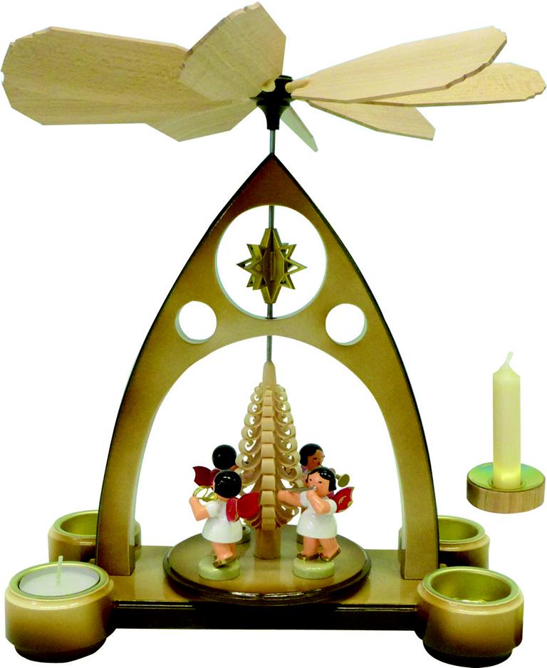 Teelichtpyramide braun mit 4 Engel Bläser, Flügel rot, inkl. Pyram.-kerzenadapt.