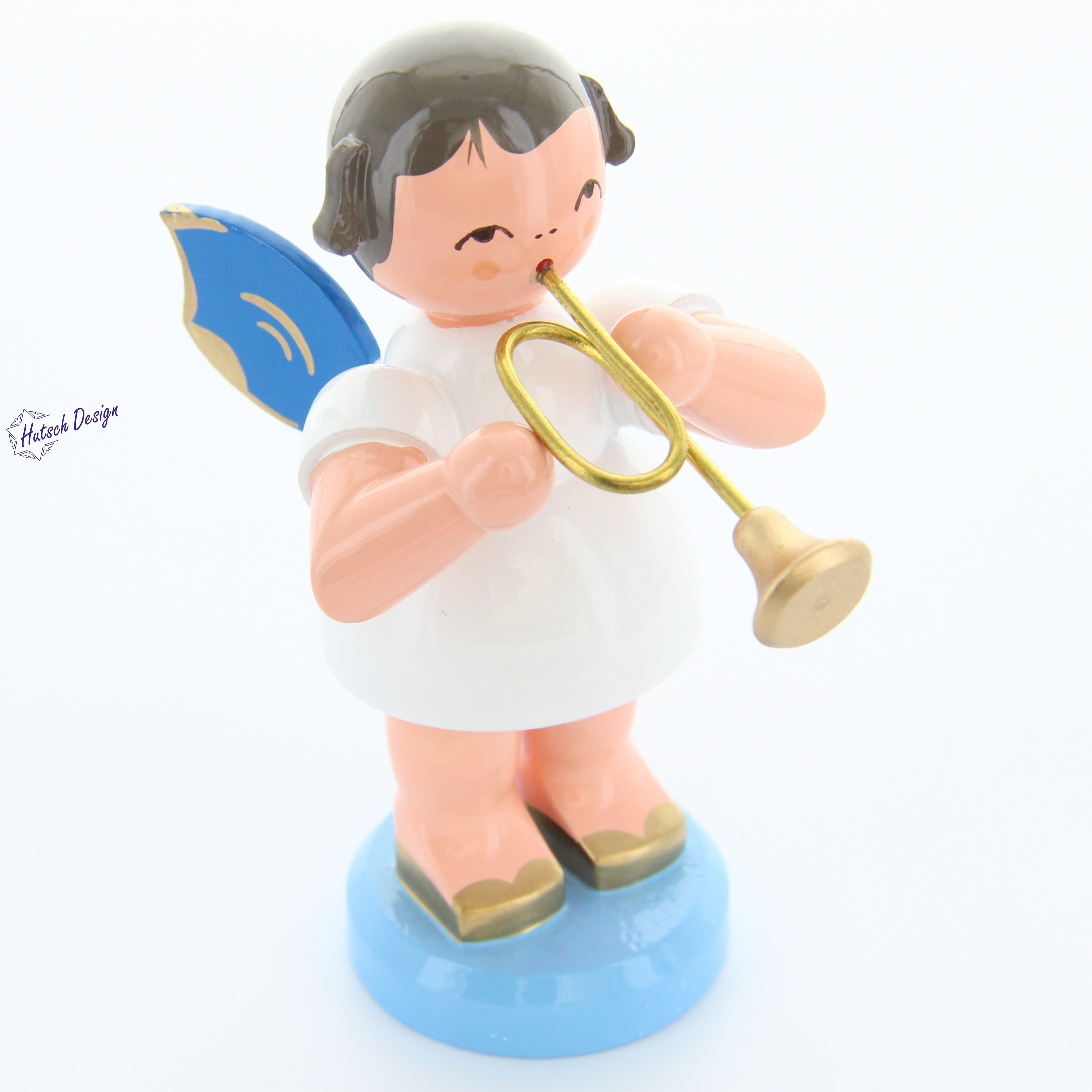 Engel stehend groß mit Trompete, blaue Flügel