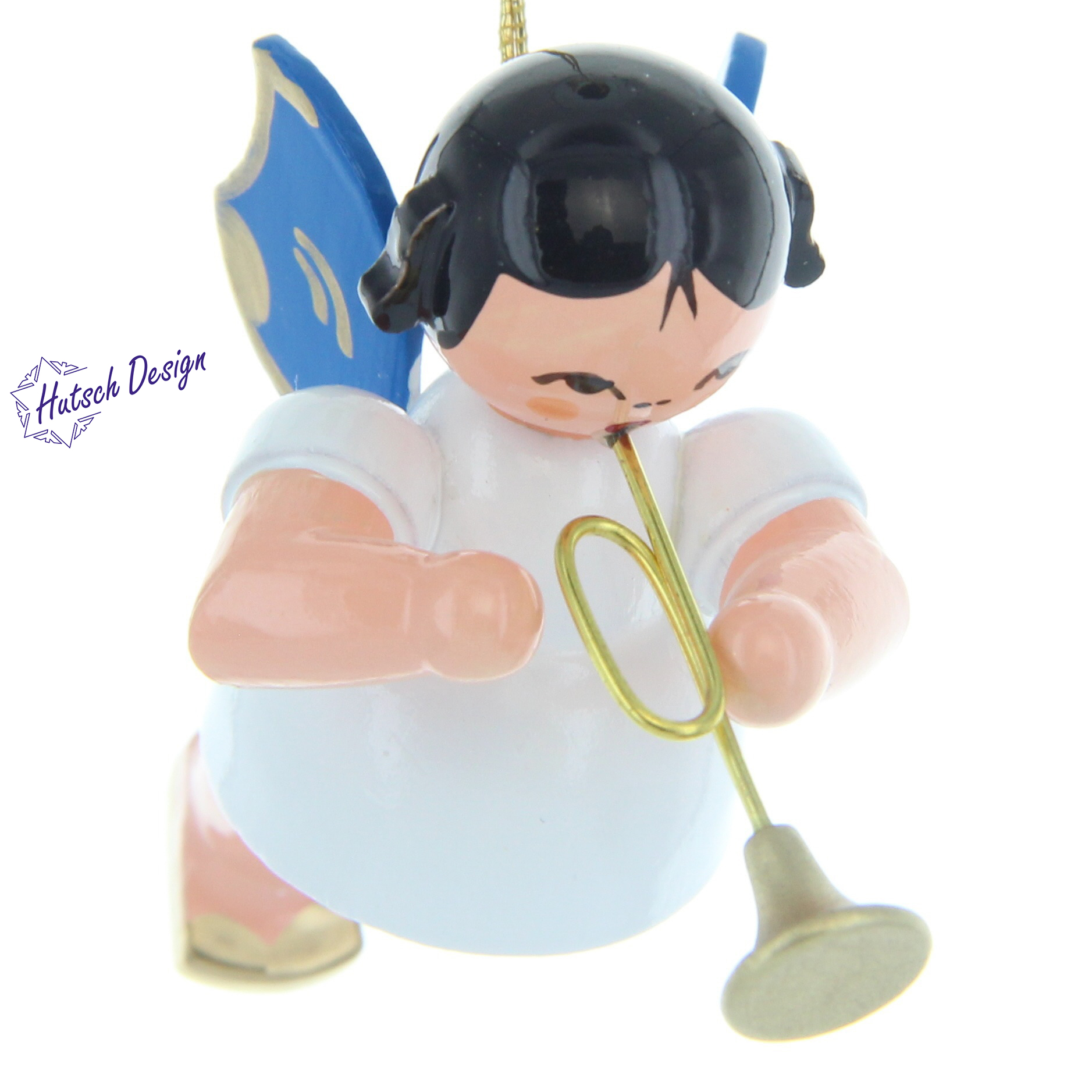 Schwebeengel mit Trompete, blaue Flügel