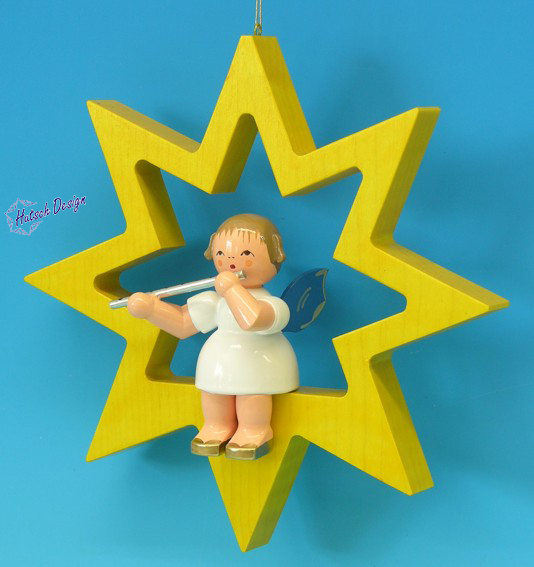 Engel sitzend groß mit Querflöte, Flügel blau, Stern gelb