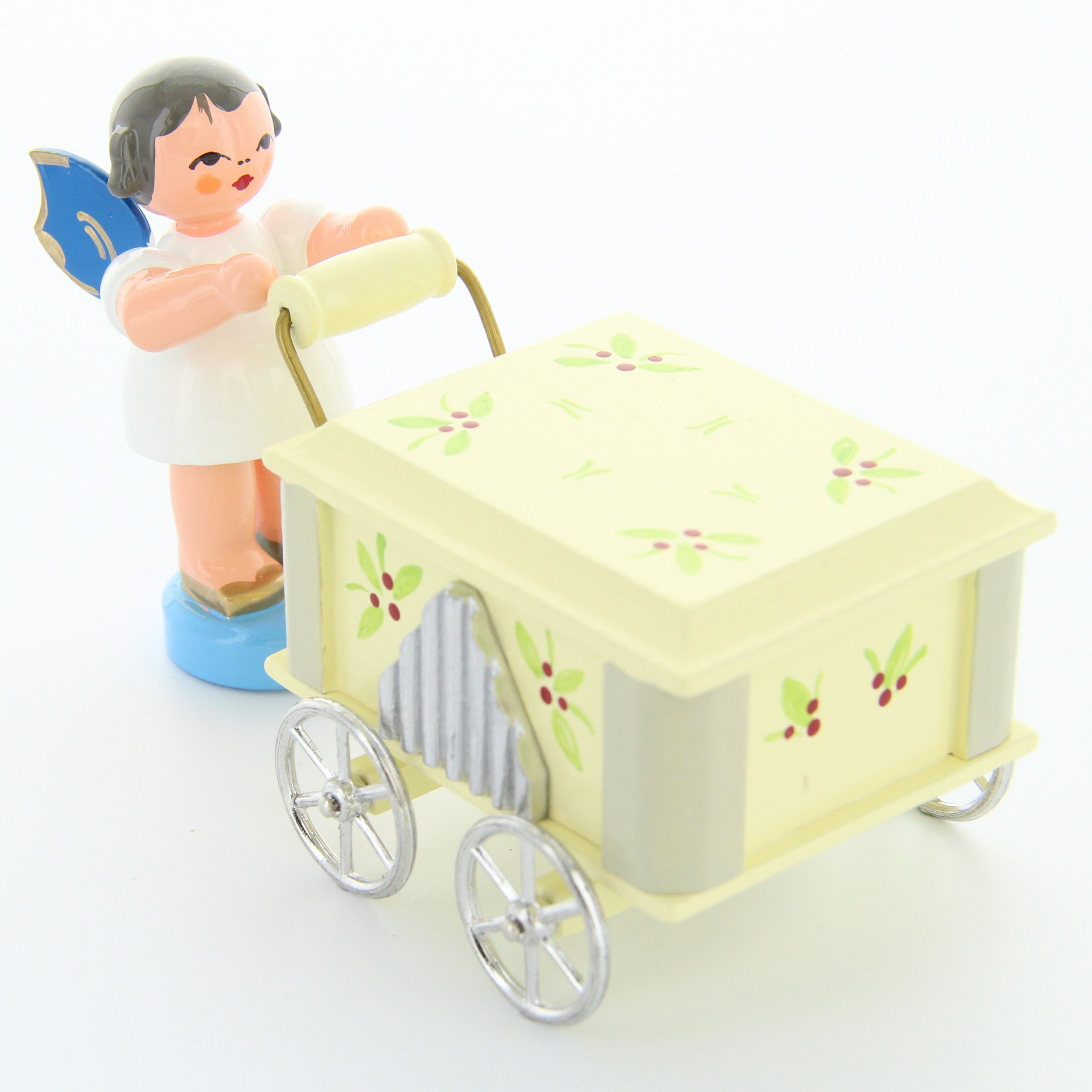 Engel an der Drehorgel mit Spielwerk O Tannenbaum Kurzfass., blaue Flügel