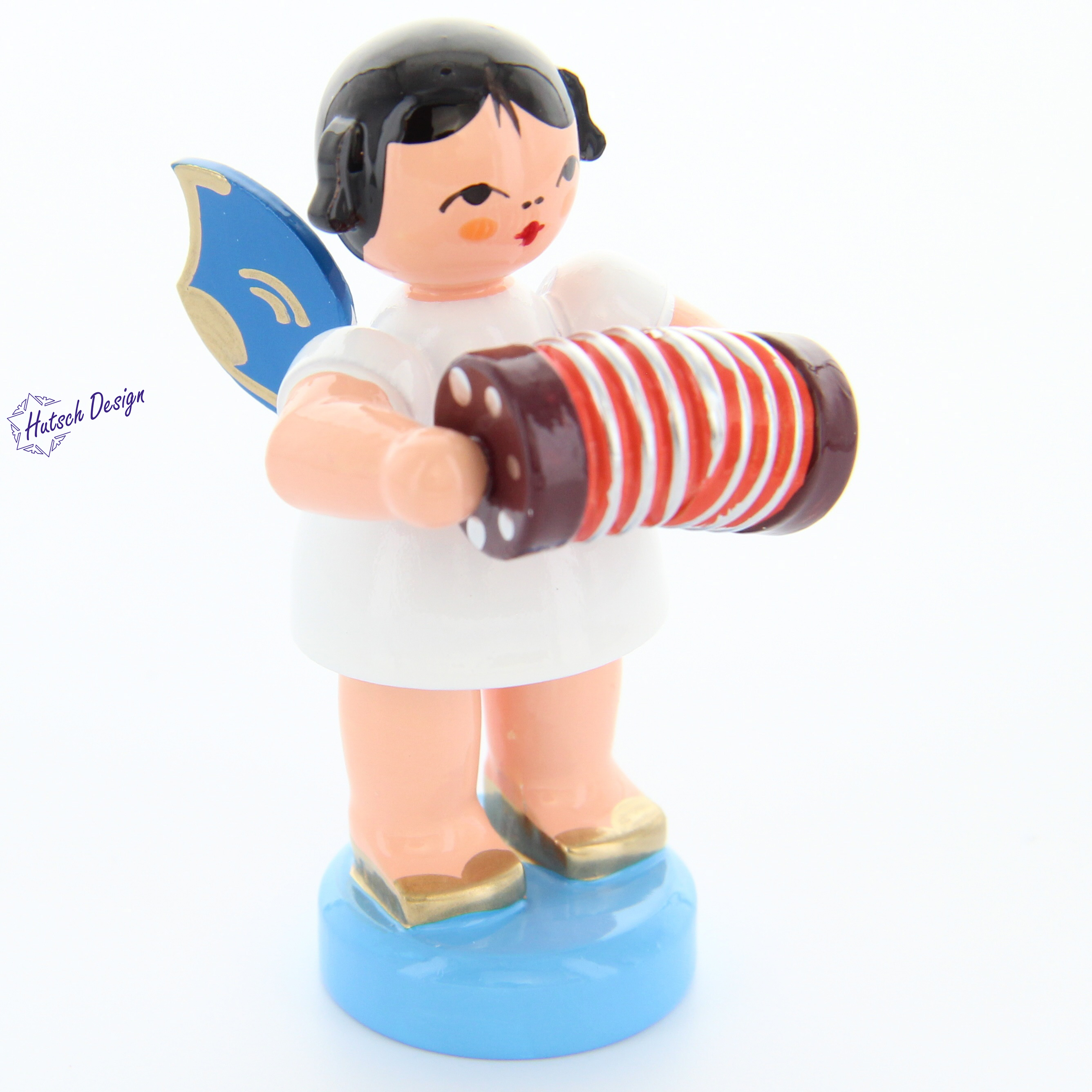 Engel stehend mit Konzertina, blaue Flügel