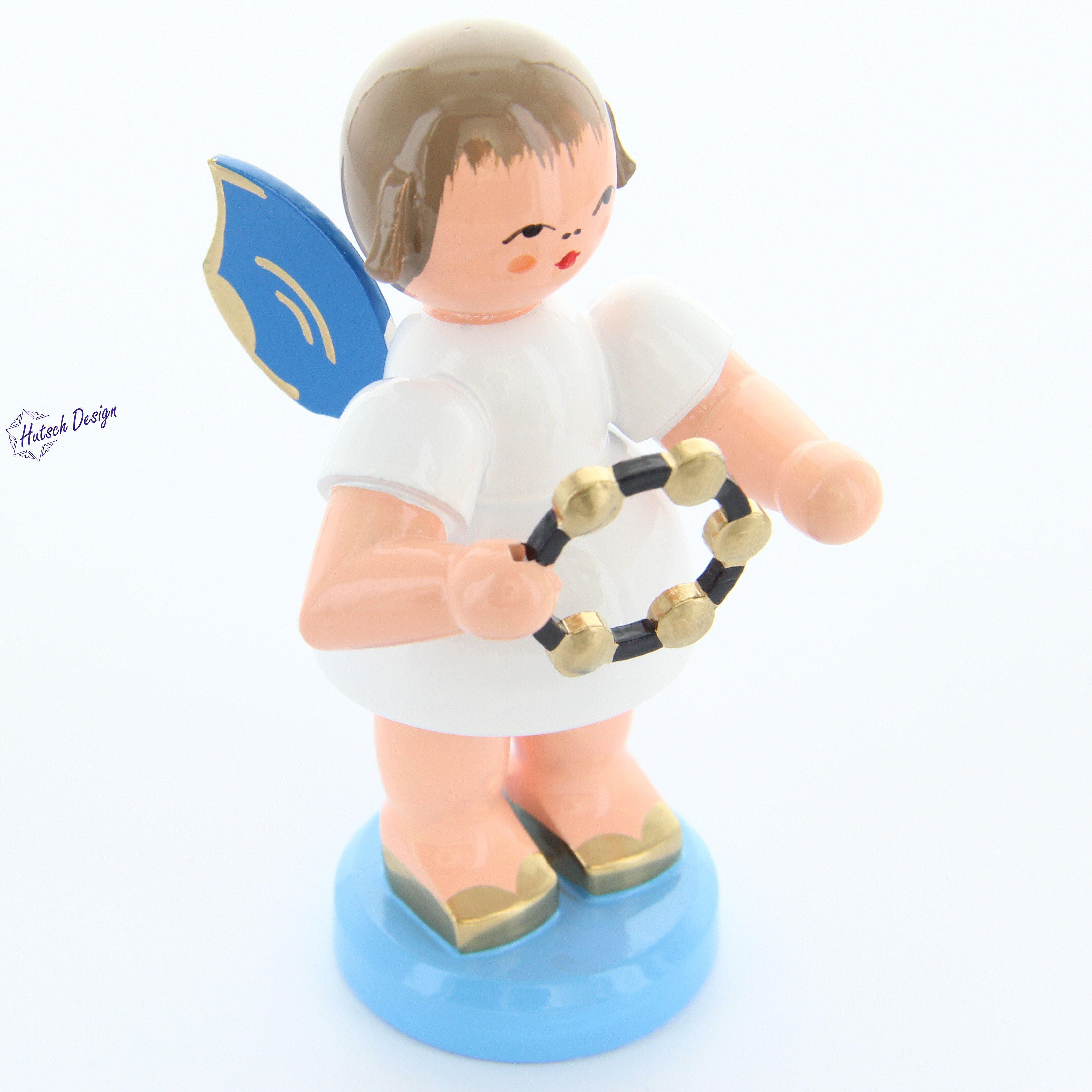 Engel stehend groß mit Schellenring, blaue Flügel