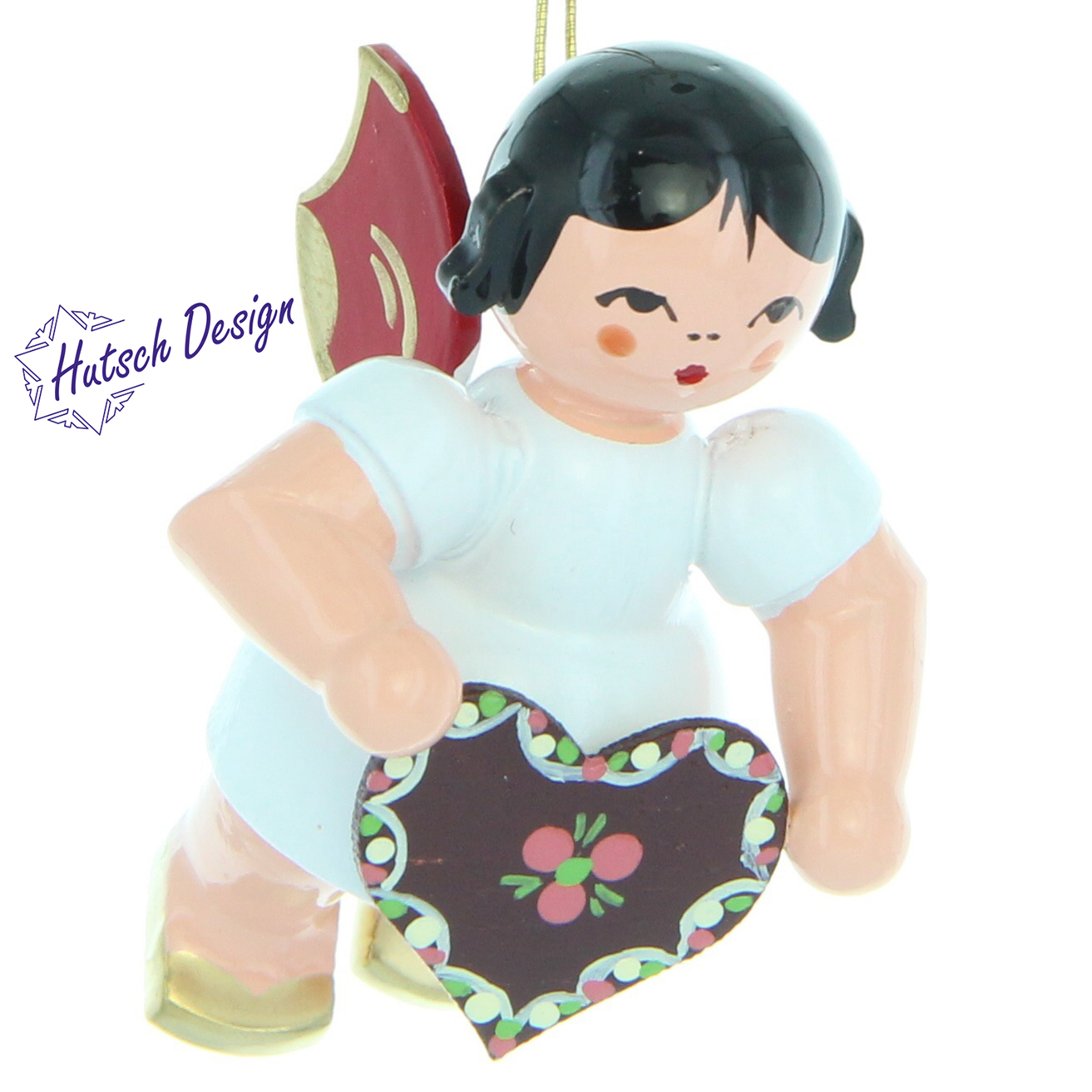 Engel schwebend mit Lebkuchenherz, rote Flügel