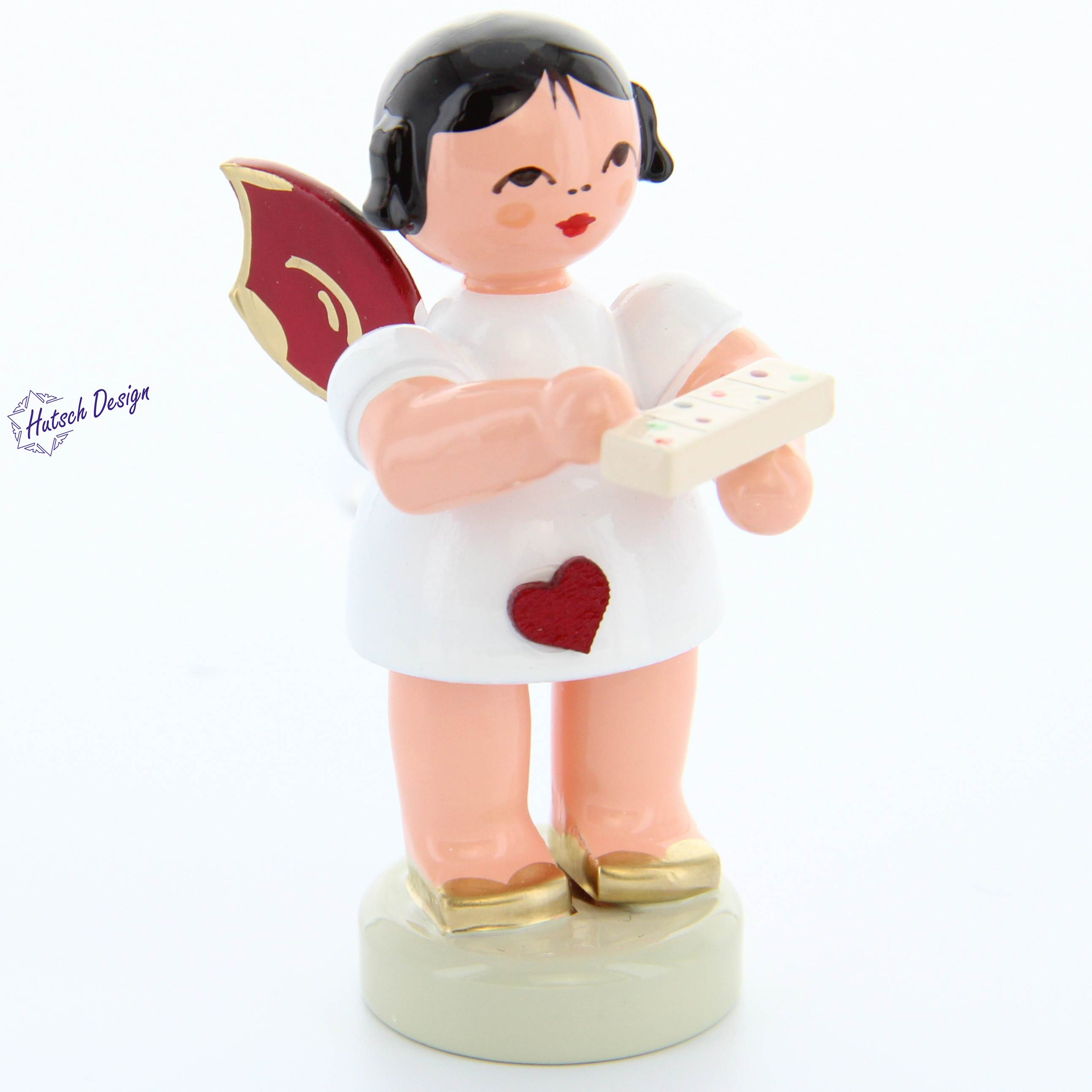 Herzengel stehend mit Tablettenbox, rote Flügel