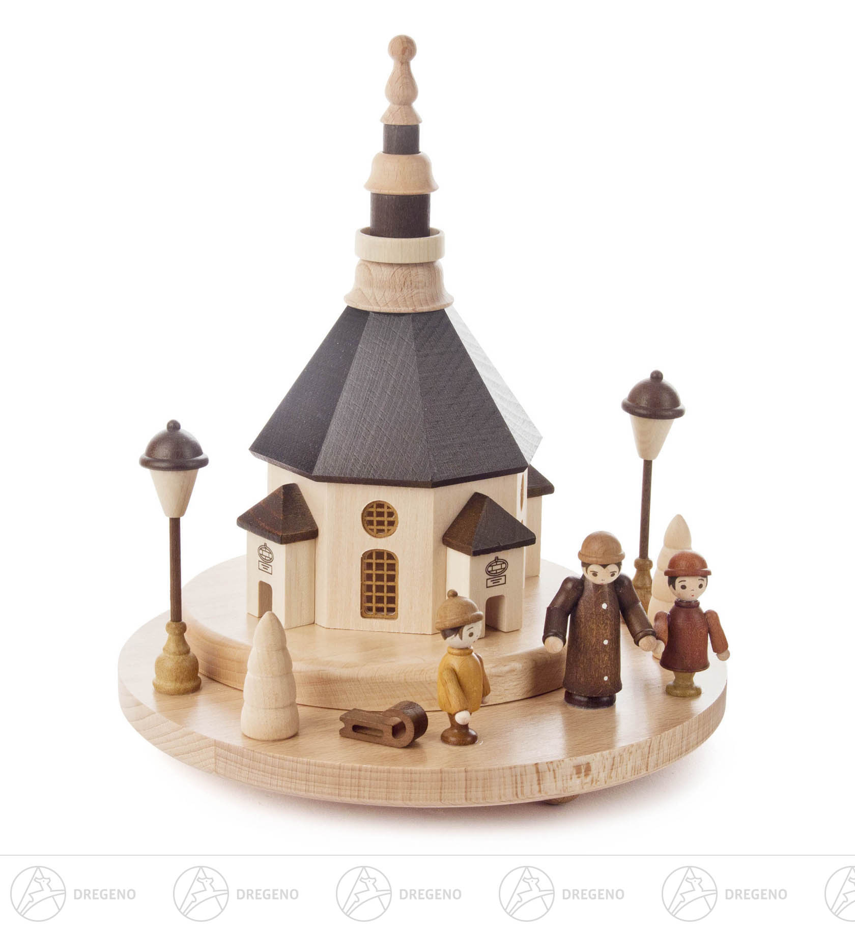 Sockel-Seiffener Kirche u.Marktfiguren mit LED Beleuchtung 21x18cm