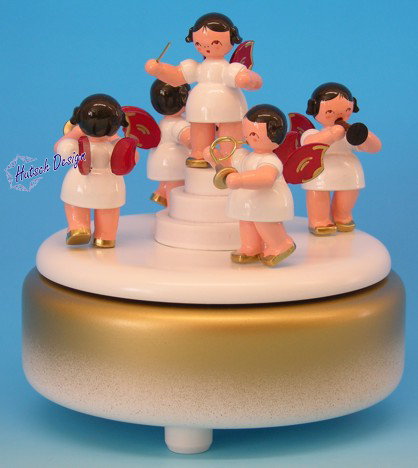 Spieldose weiß/gold, 5 Engel, Flügel rot