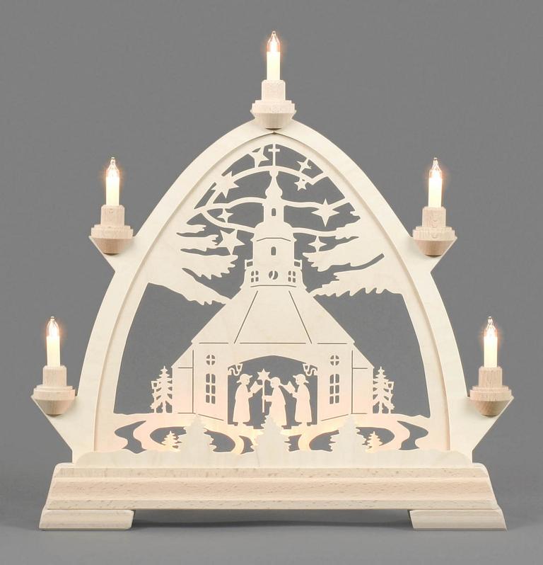 Gotischer Bogen mit Seiffener Kirche und Kurrende, elektrisch beleuchtet