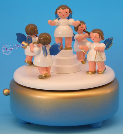 Spieldose blau/weiß/gold, 5 Engel, Fl. blau