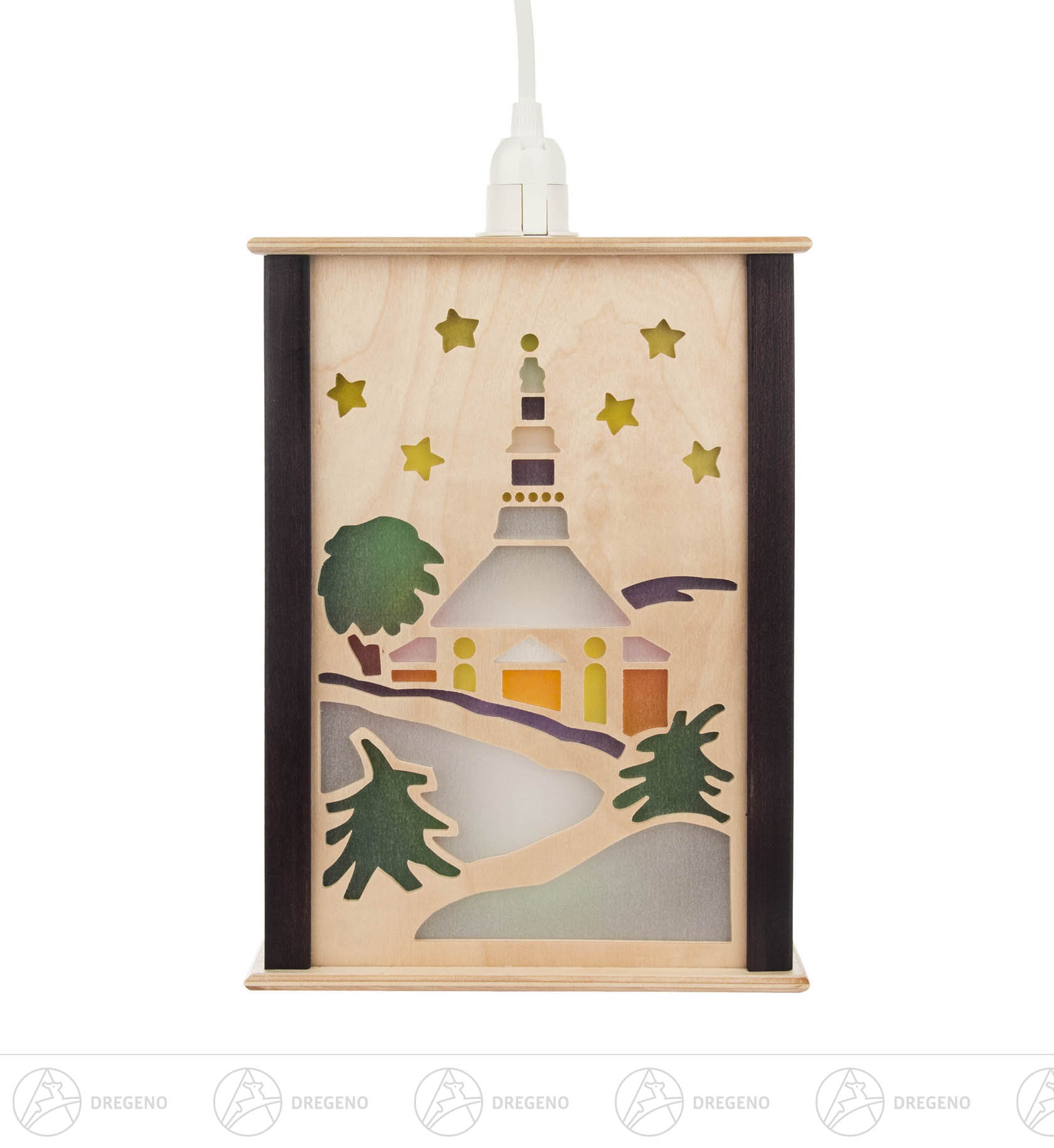 Fensterlaterne Seiffener Kirche und Lichterengel 27cm