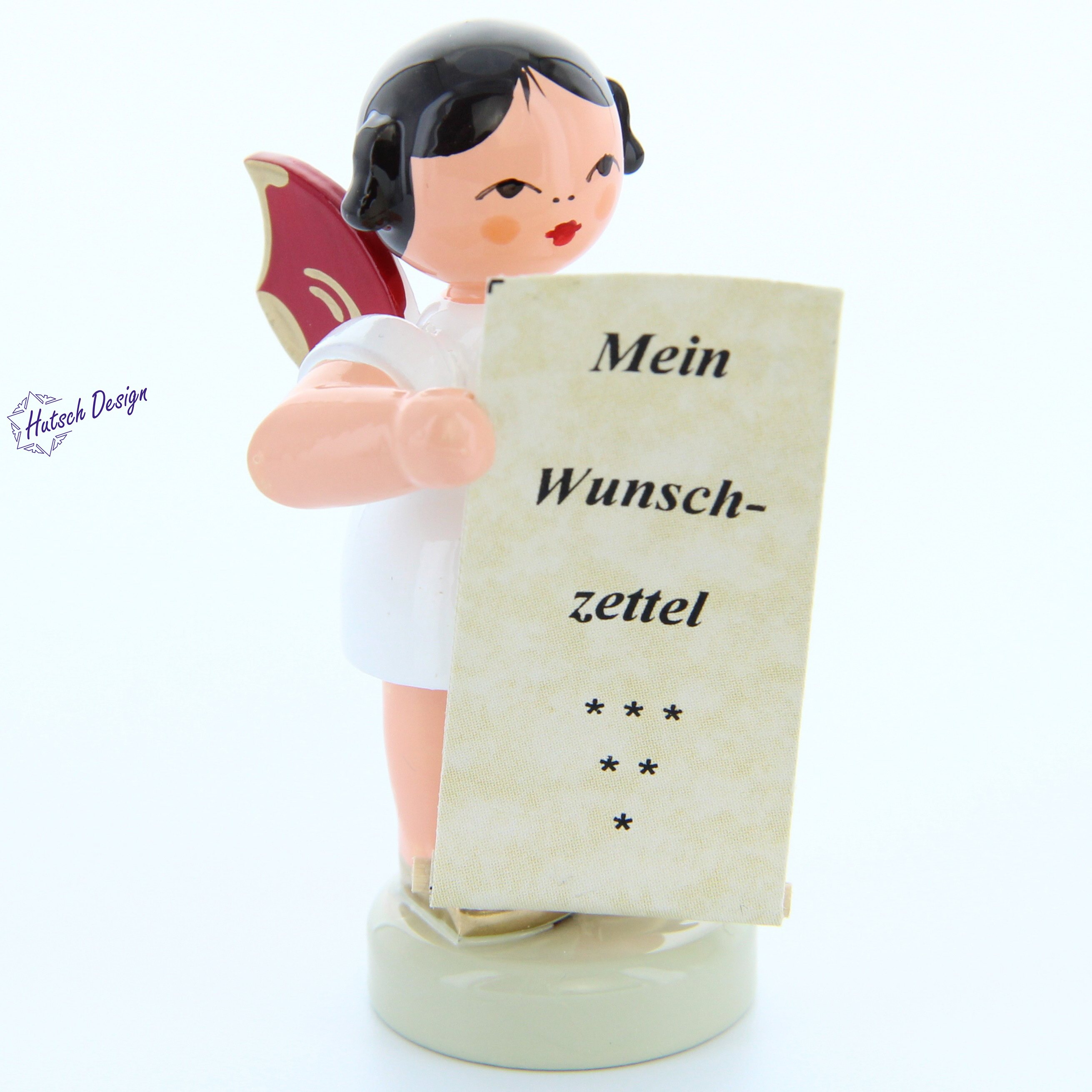 Engel stehend mit Wunschzettel, rote Flügel