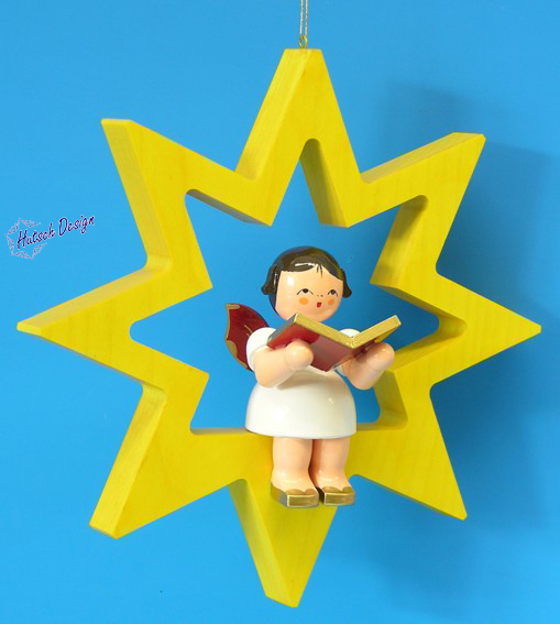 Engel sitzend groß mit Buch, Flügel rot, Stern gelb