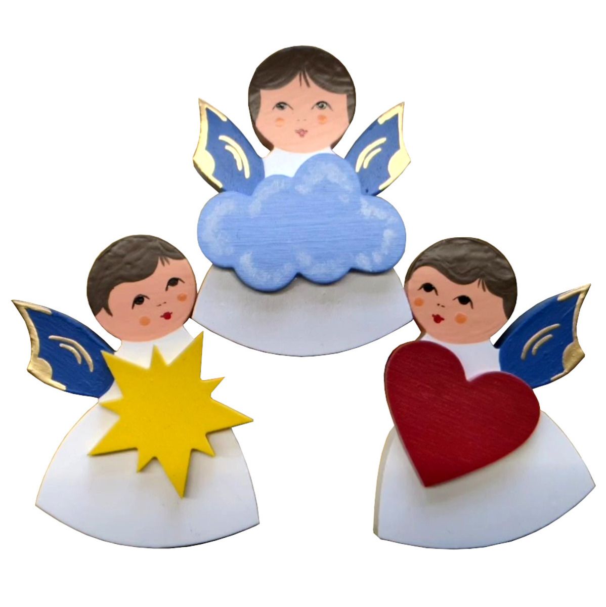 Magnetpinset 3 Engel mit Herz, Stern, Wolke, blaue Flügel, lasiert und handbemalt