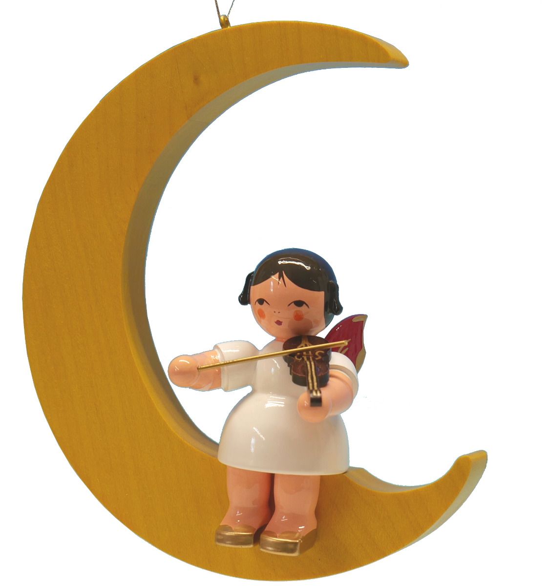Engel sitzend groß mit Violine, Flügel rot, Mond gelb