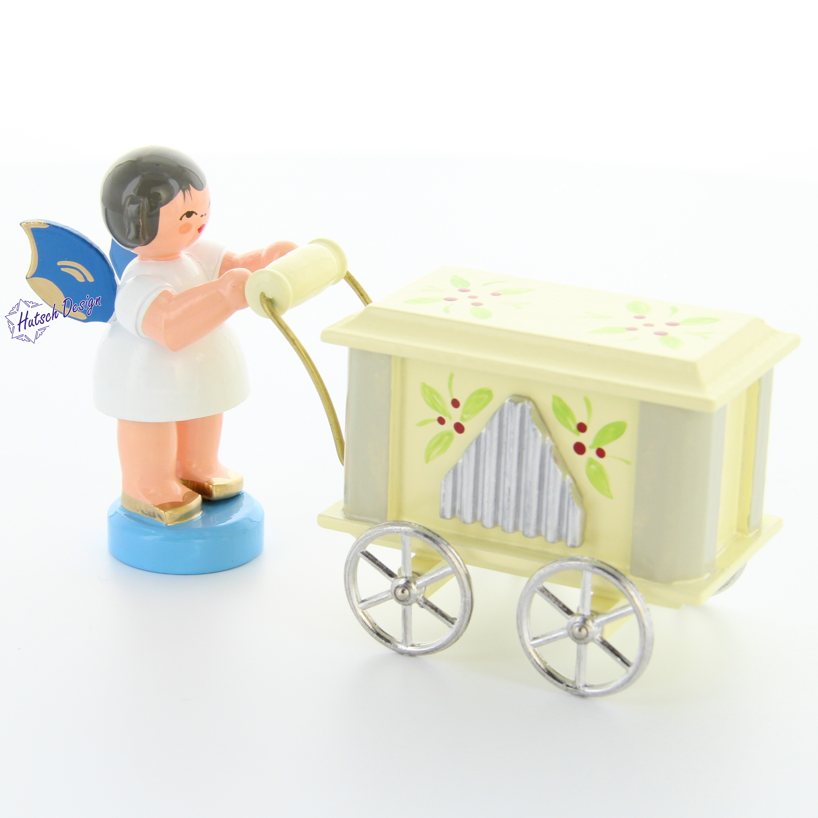 Engel stehend an der Drehorgel einfach, blaue Flügel