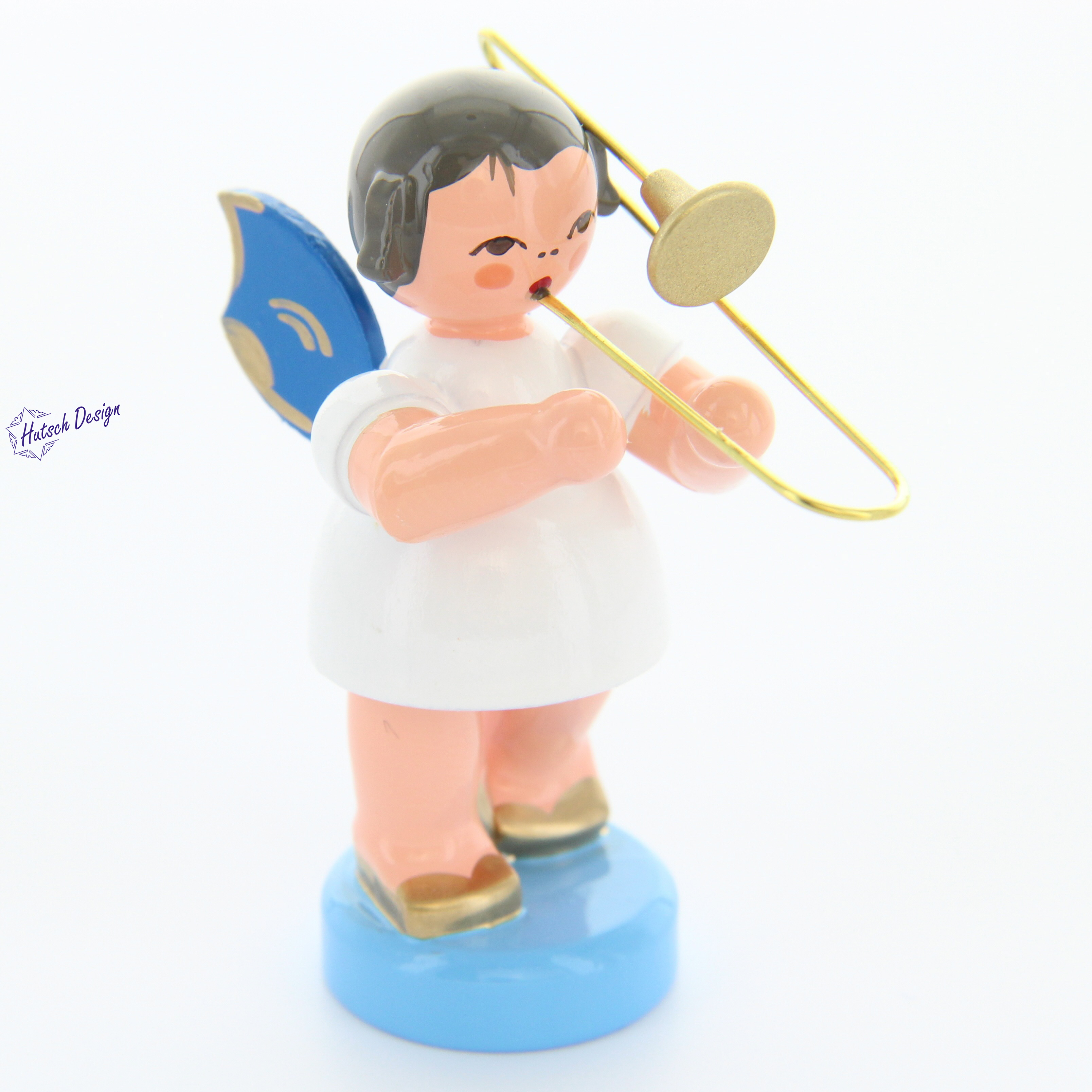 Engel stehend mit Posaune, blaue Flügel